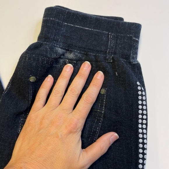 Stretchy faux jeans jeggings w printed faux pockets rhinestones buttons size XS - Picture 7 of 9
